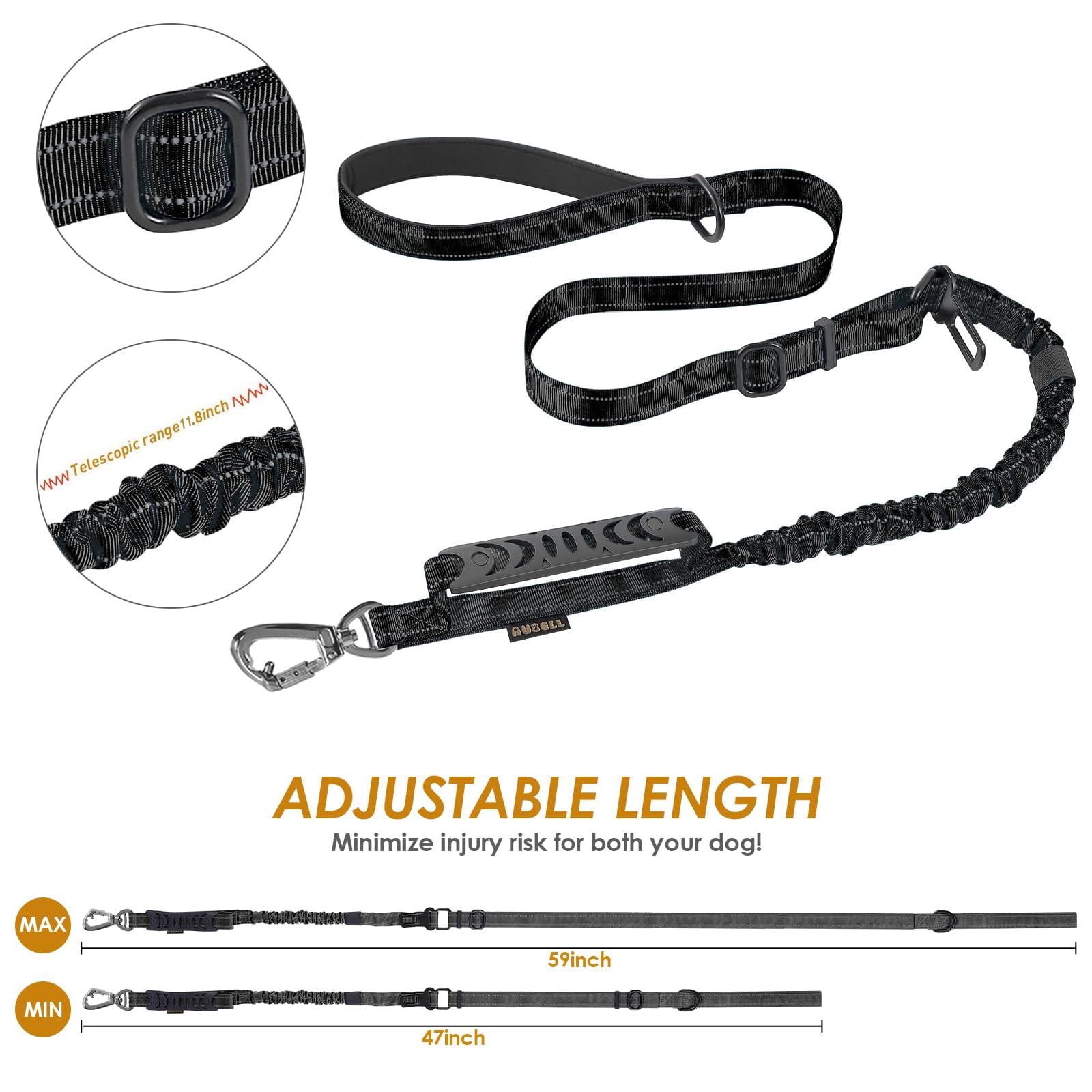 AUBELL Tactical dog leash compatible with car seat belts for safer car travel.