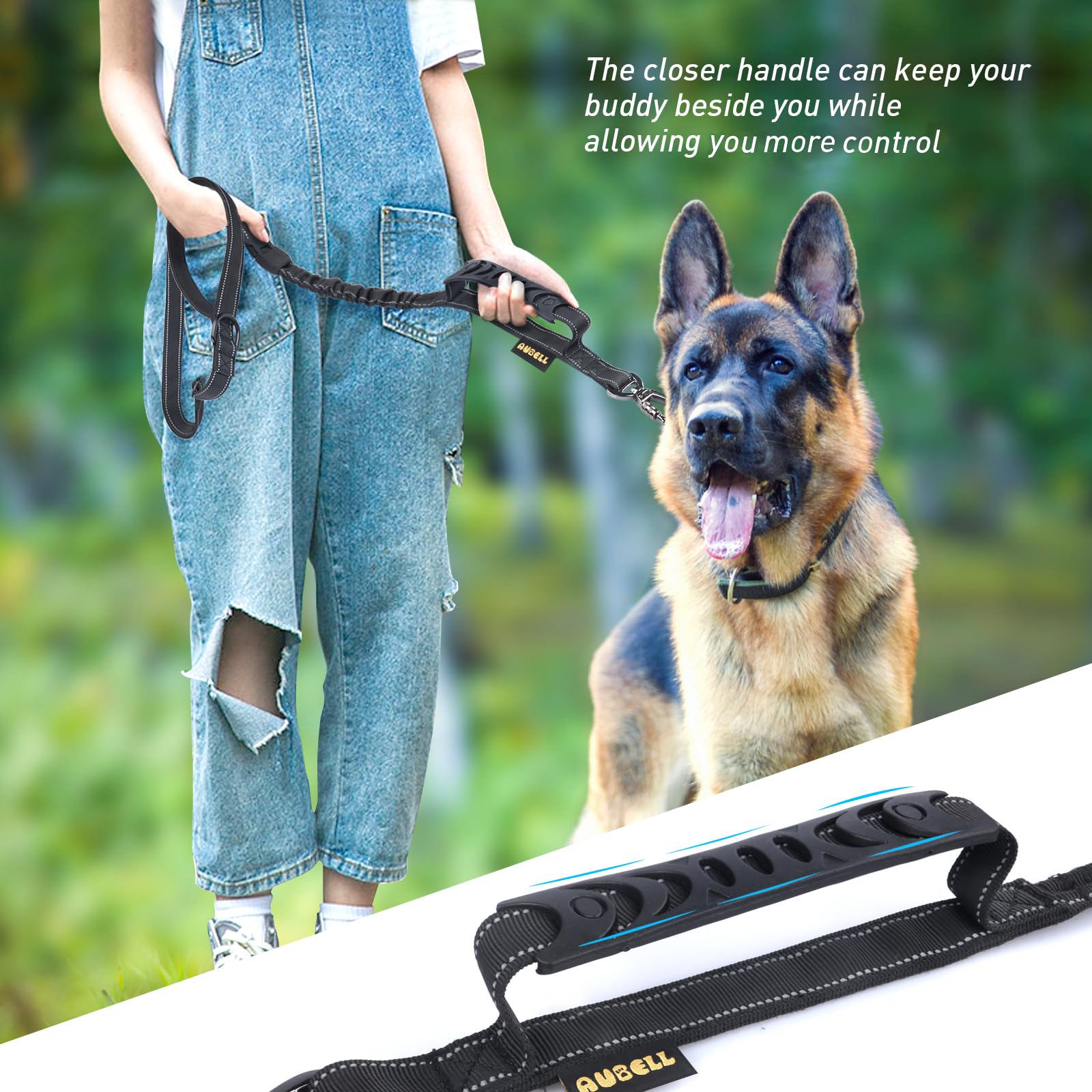 AUBELL Tactical dog leash with a D-ring near the handle for accessories.