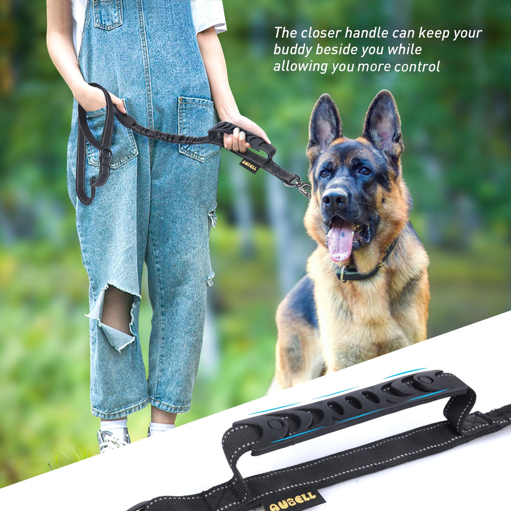 AUBELL Tactical dog leash with a D-ring near the handle for accessories.