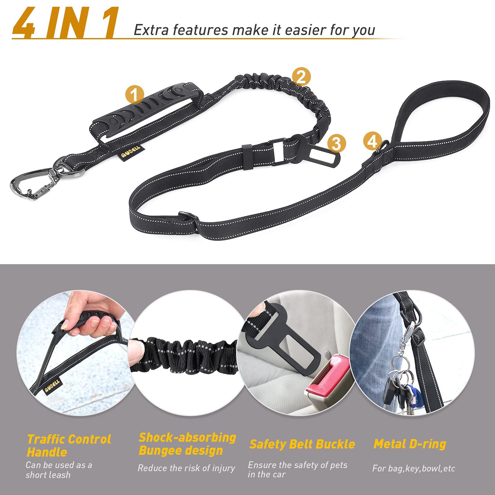 AUBELL Tactical dog leash with reflective thread for high-visibility night walks.