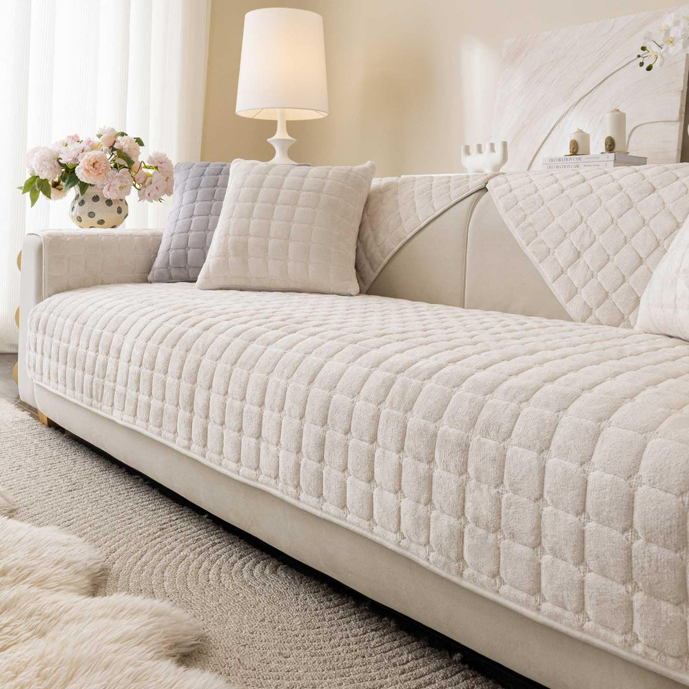 Aucrovee Velvet Washable Couch Cover fabric close-up shows soft velvet texture for pet-friendly comfort.