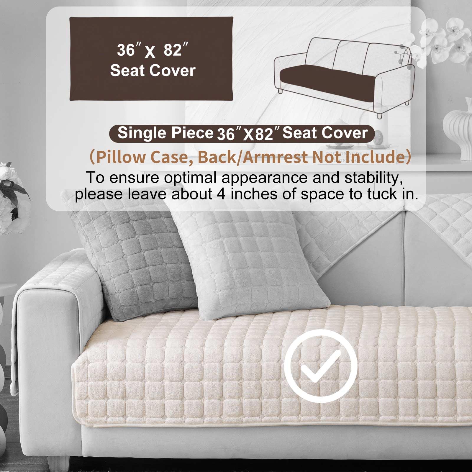 Aucrovee Velvet Washable Couch Cover with non-slip grid backing highlights secure placement.