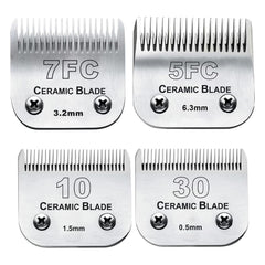 Audoc dog grooming blade 10 close-up shows ceramic-stainless blend for cooler cuts