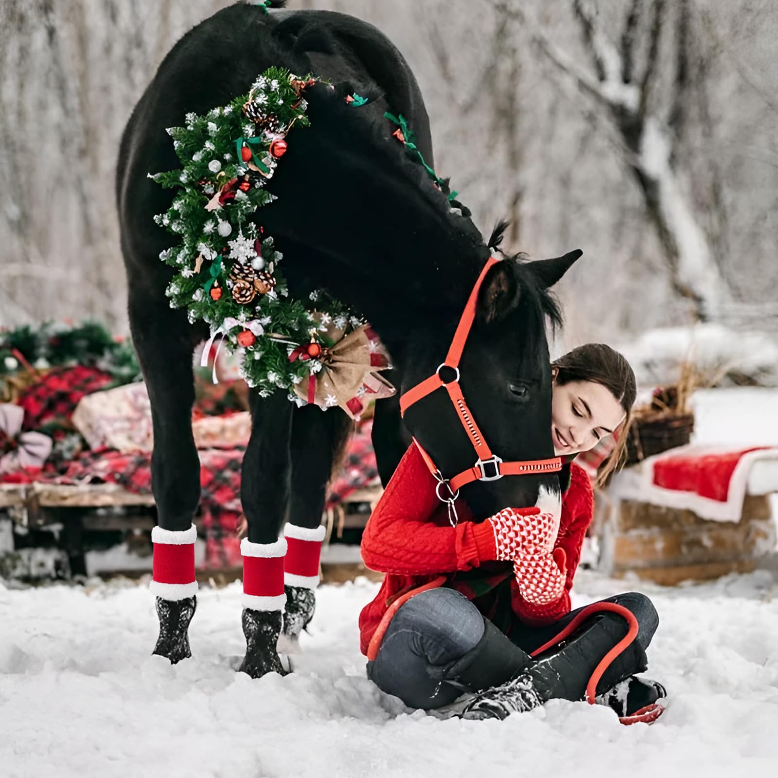 AUECOOME parade-ready red leg wraps on a horse for holiday photos.