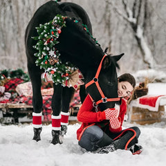 AUECOOME parade-ready red leg wraps on a horse for holiday photos.