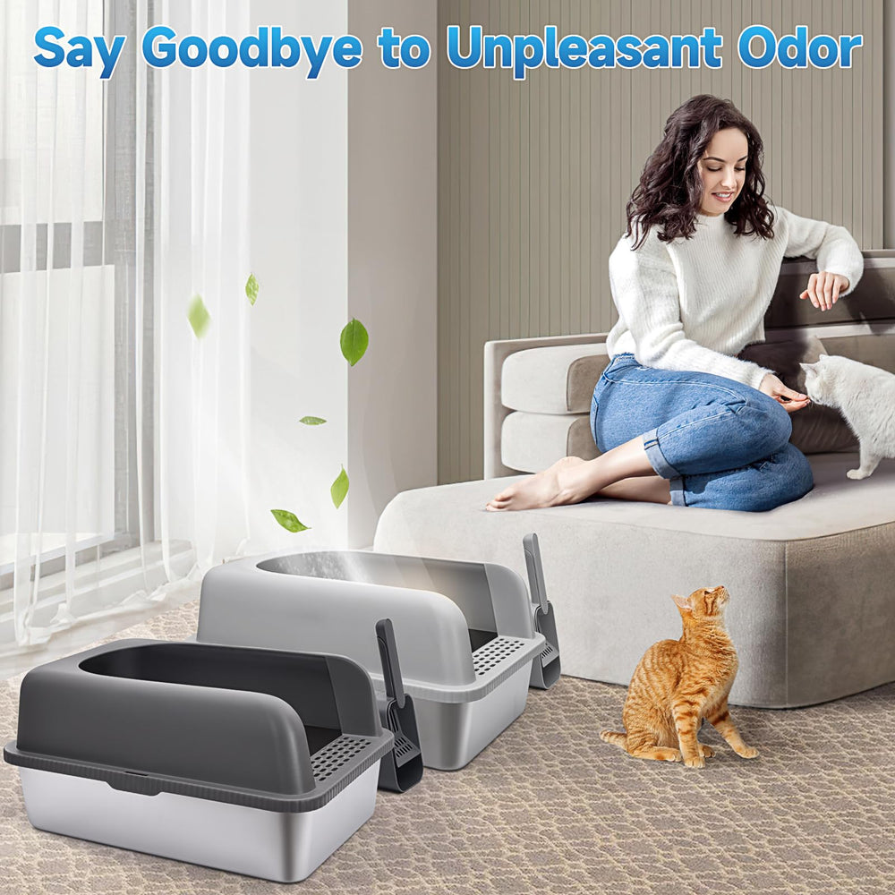 AUFYA stainless steel litter box easy-clean rinse demonstrates simple maintenance.