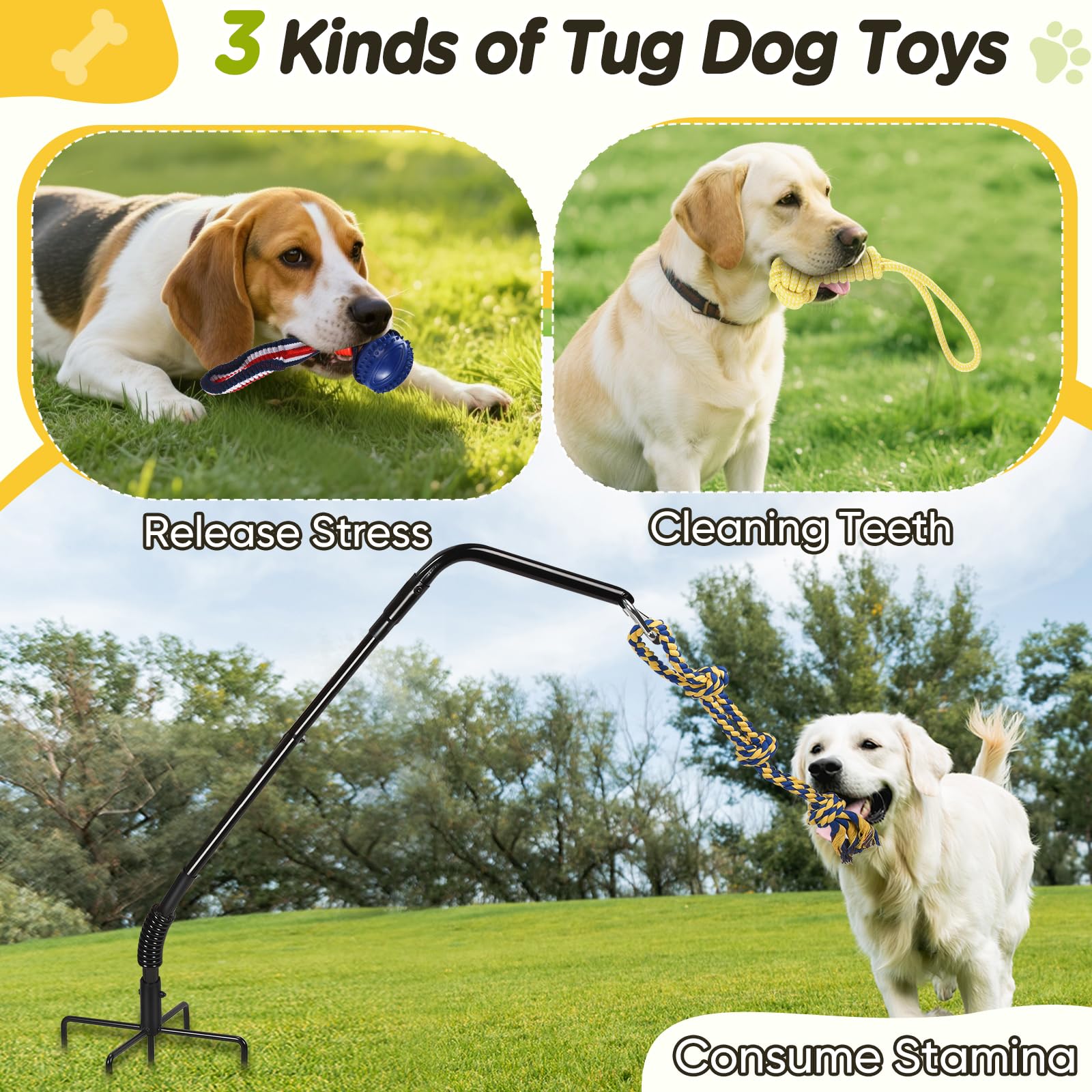 AugFir Tether three-tug-toys feature promotes chewing habits and boredom relief.