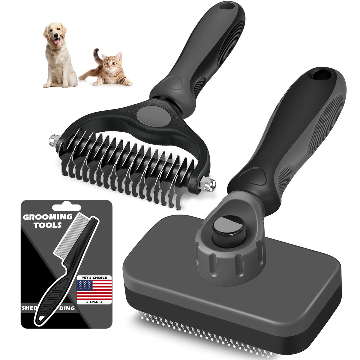Augwind 3pc grooming kit with slicker brush, rake and flea comb for detangling