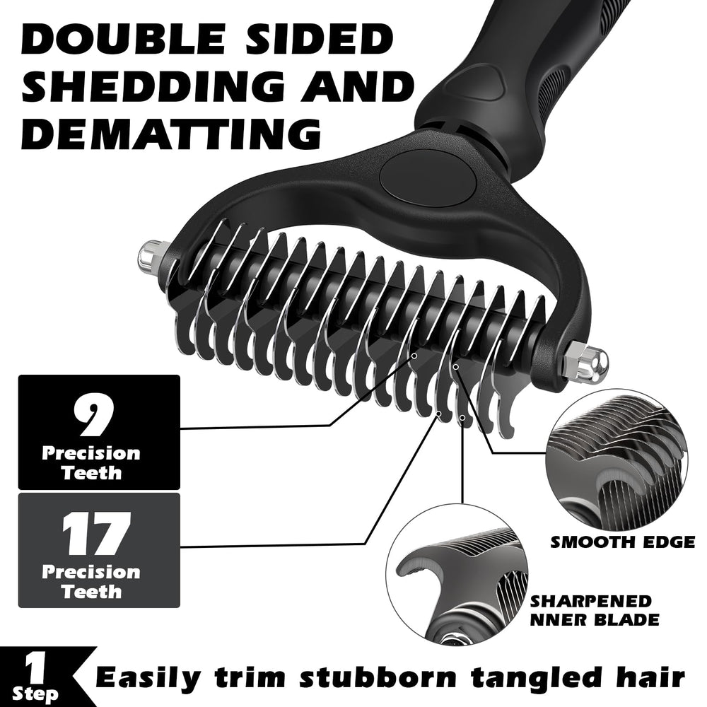 Augwind dematting rake, double-sided 9-tooth and 17-tooth, detangles mats efficiently.