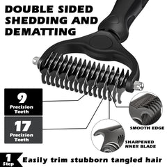 Augwind dematting rake, double-sided 9-tooth and 17-tooth, detangles mats efficiently.