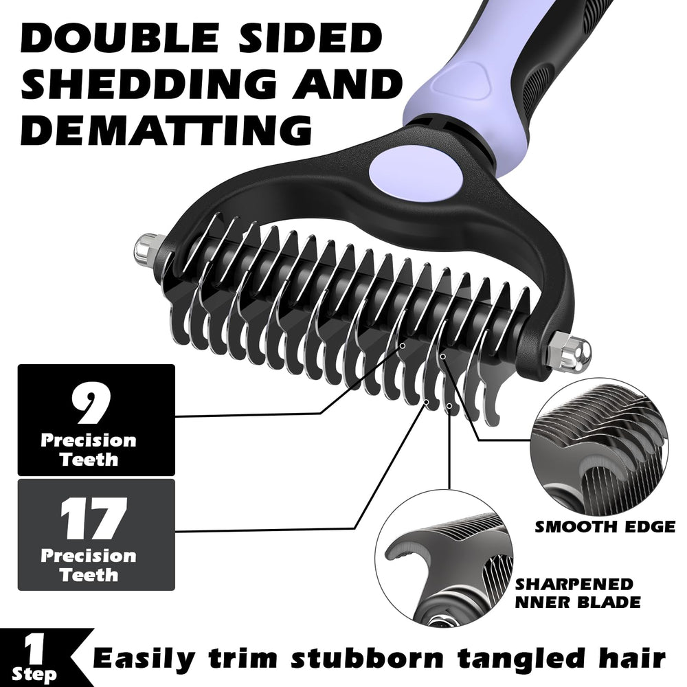 Augwind double-sided dematting comb shows tangle-free coats and smoother finishes.