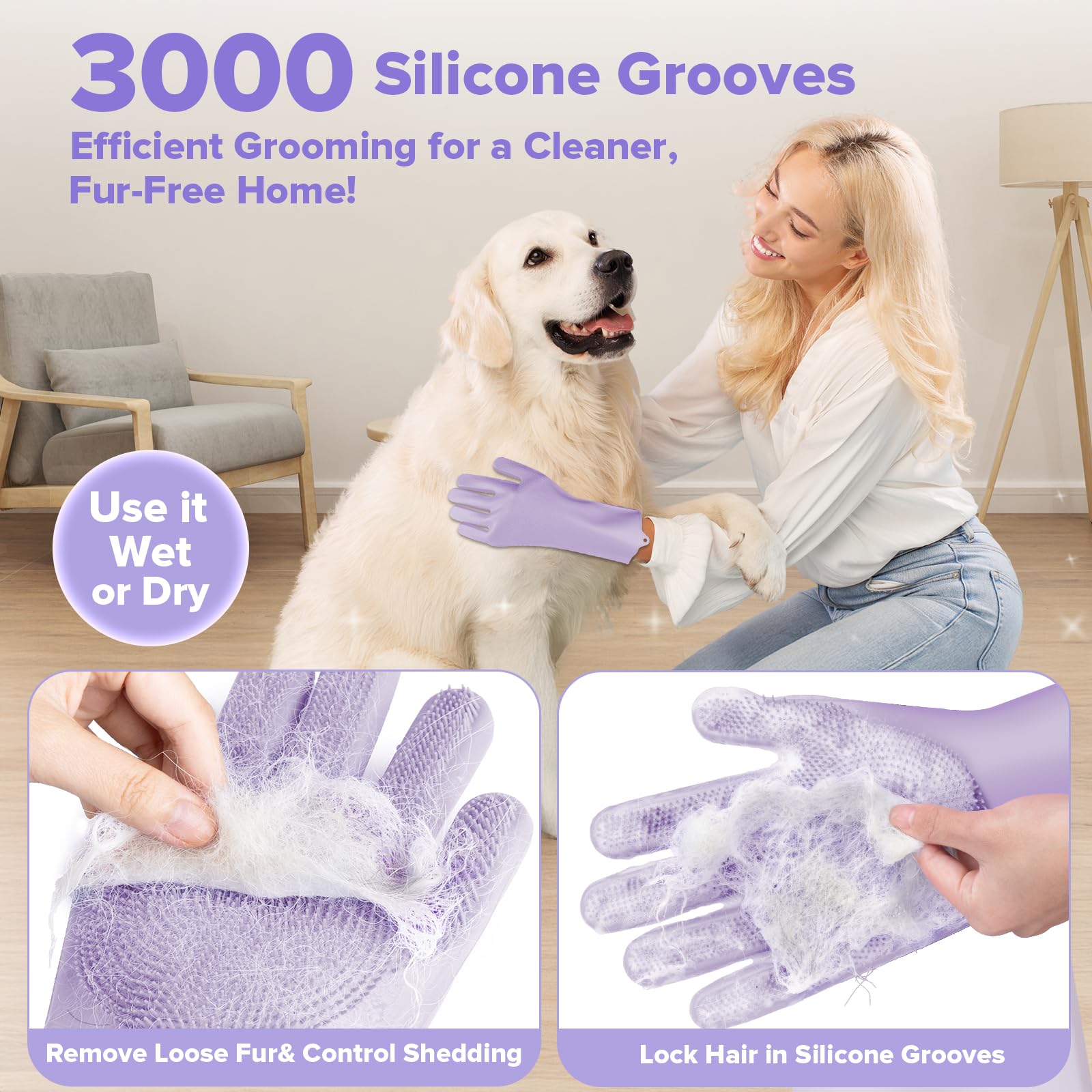 Augwind grooming kit with silicone bristles captures loose fur during baths