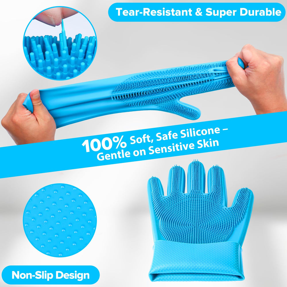 Augwind silicone grooming gloves gently remove fur and massage during baths.