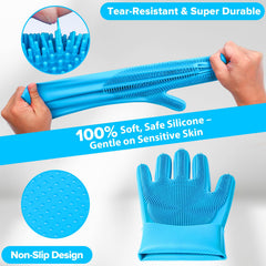 Augwind silicone grooming gloves gently remove fur and massage during baths.