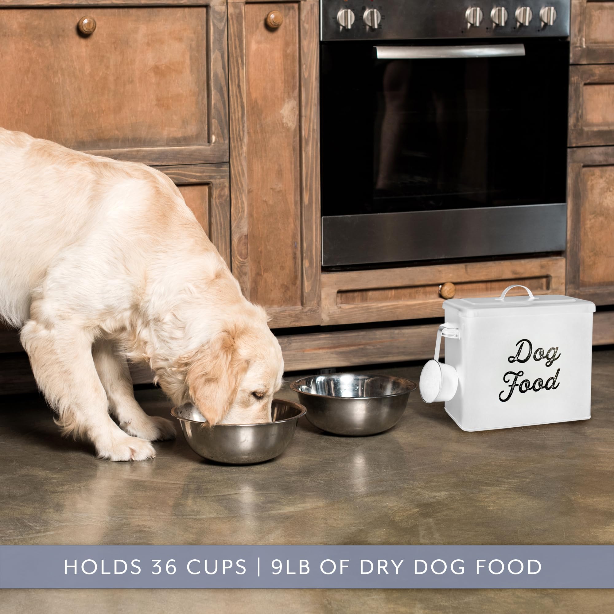AuldHome Design dog food bin on kitchen counter for quick mealtime reach.