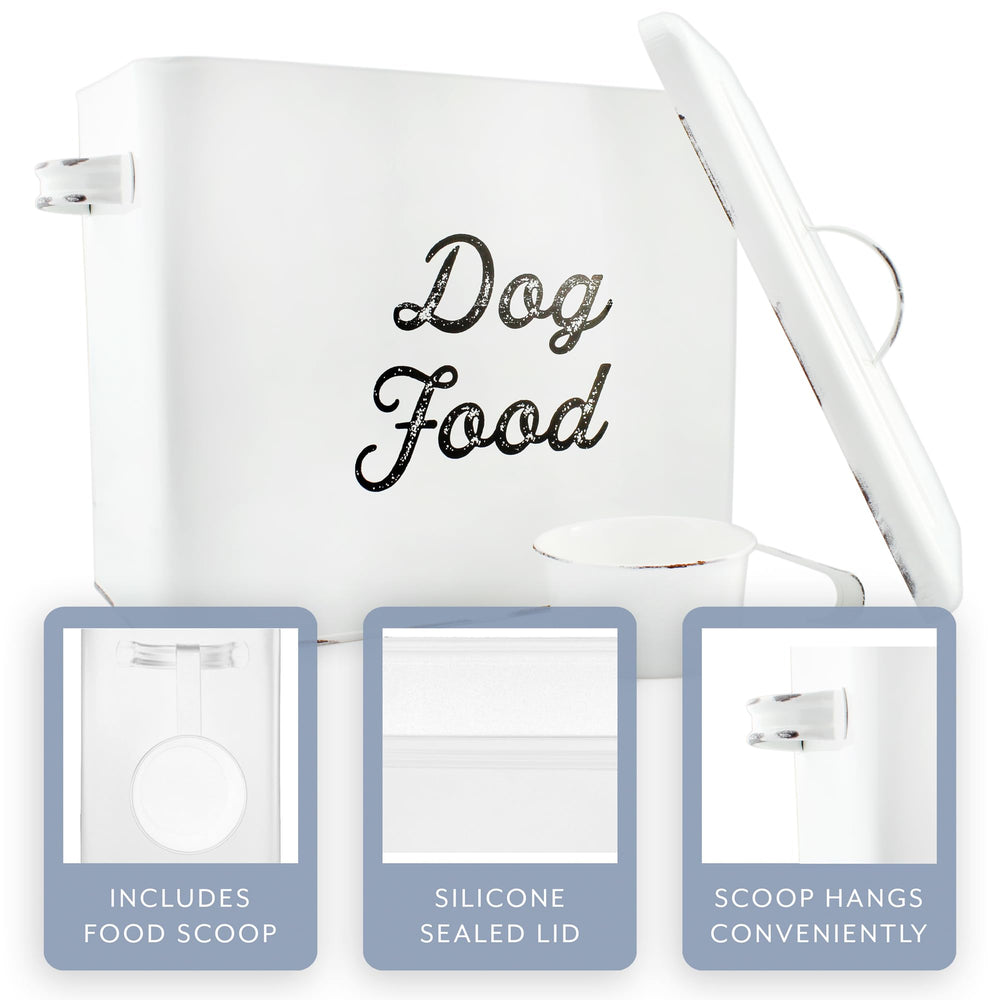 AuldHome Design dog food canister lid open emphasizing easy access and portion checks.