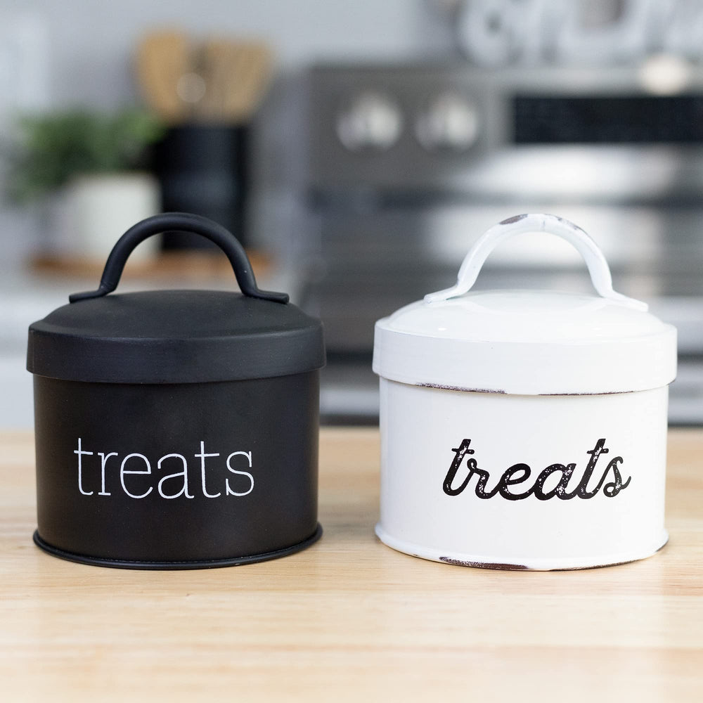 AuldHome Design enamel cat treat container black closeup-enamel finish highlights retro farmhouse style.