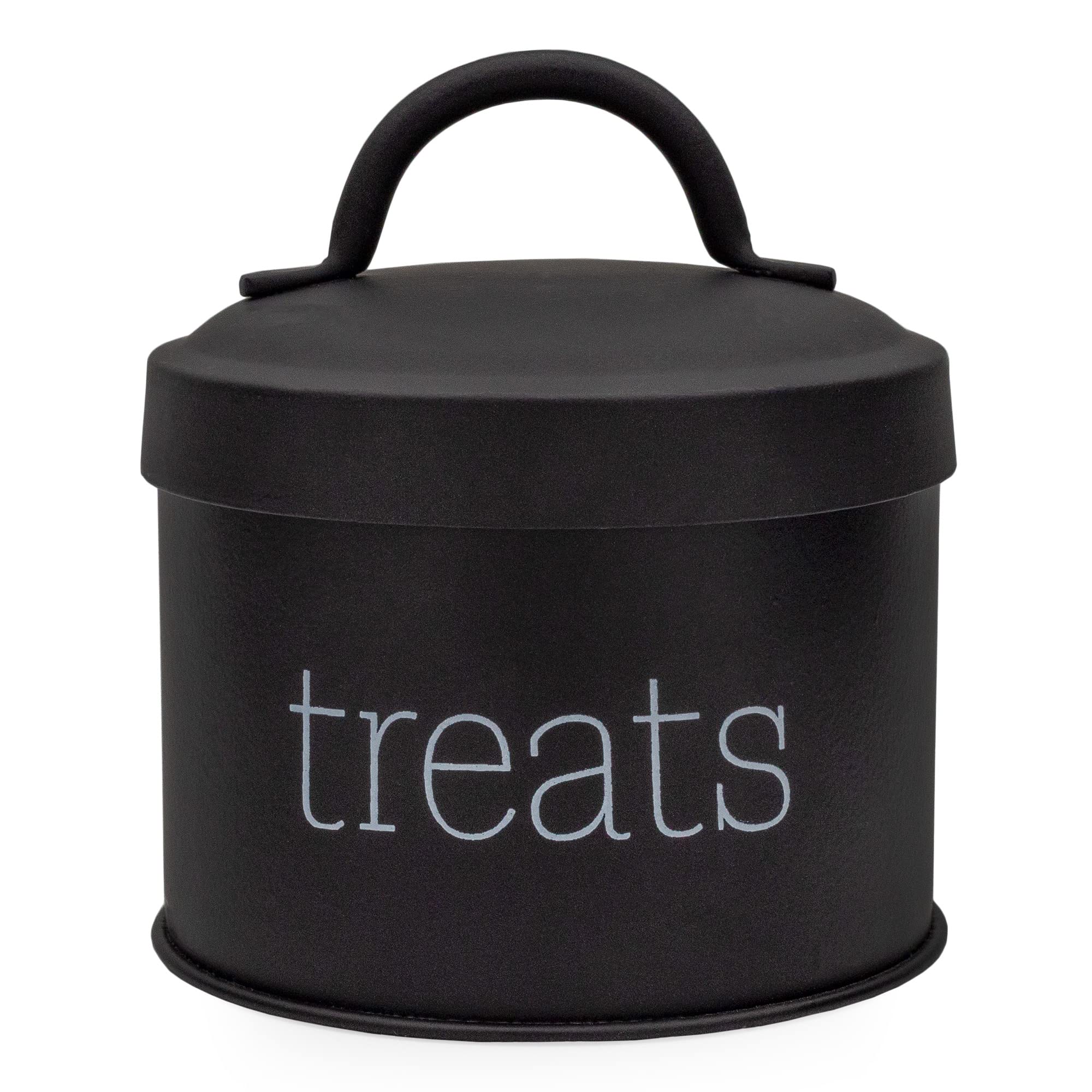AuldHome Design enamel cat treat container black front view ideal for compact pet treats.