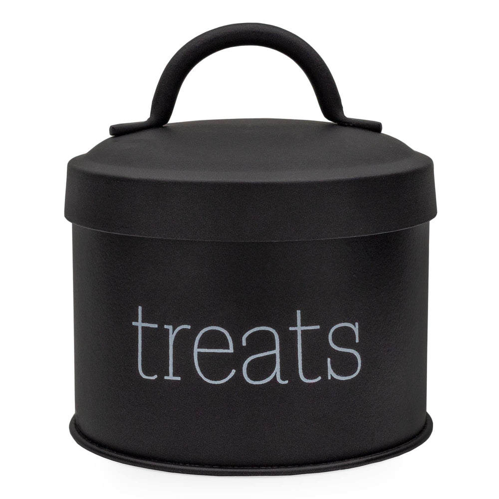 AuldHome Design enamel cat treat container black front view ideal for compact pet treats.