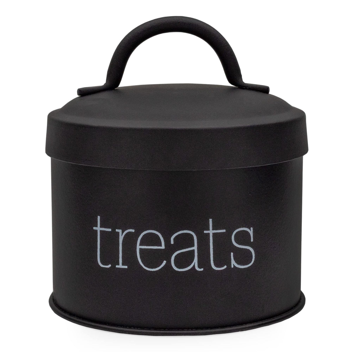 AuldHome Design enamel cat treat container black front view ideal for compact pet treats.