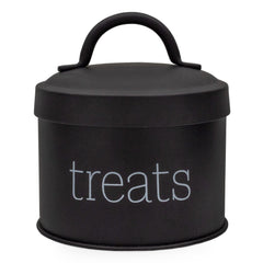 AuldHome Design enamel cat treat container black front view ideal for compact pet treats.
