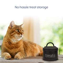 AuldHome Design enamel cat treat container black lid-and-gasket closeup emphasizes airtight freshness.