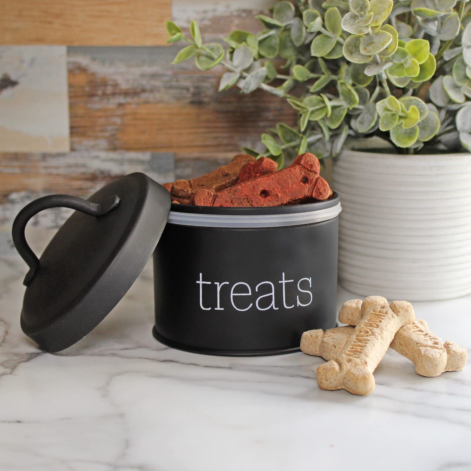 AuldHome Design enamel cat treat container black side view showcases sturdy metal with airtight seal.