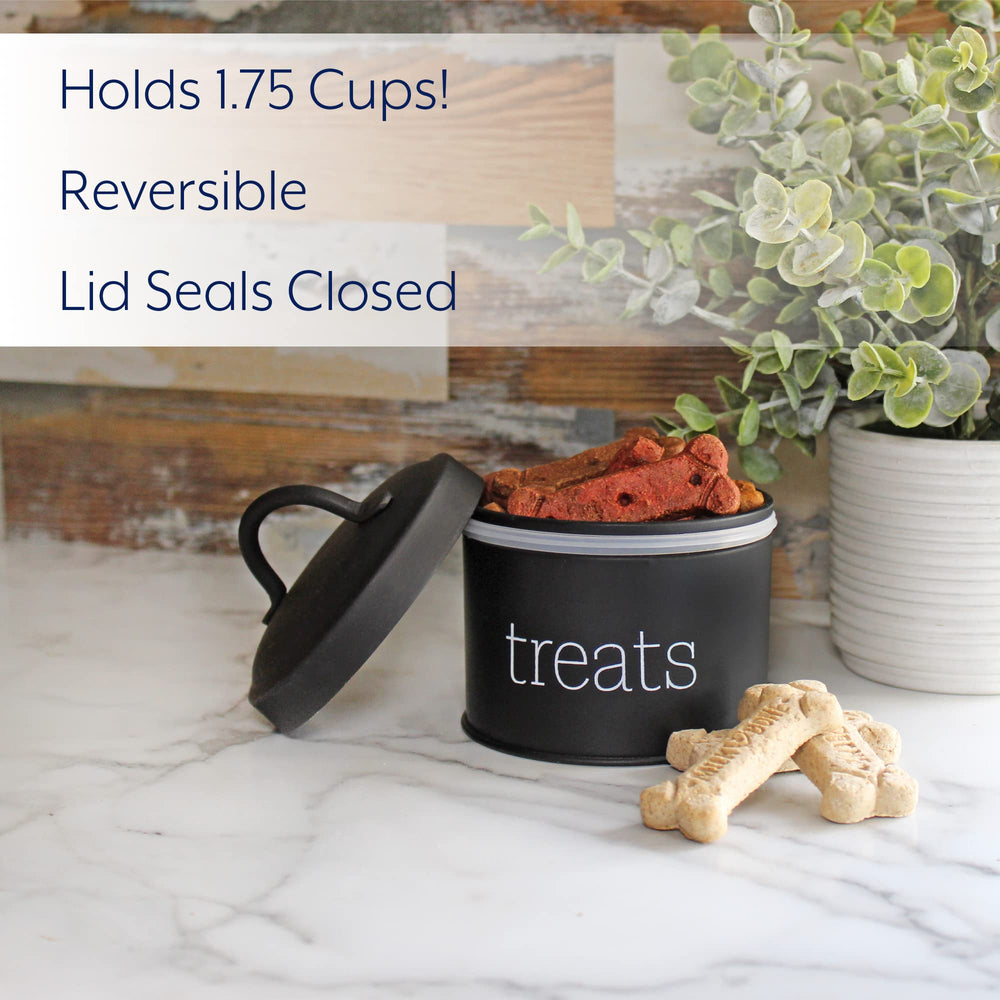 AuldHome Design enamel cat treat container black size-reference next to pet items.