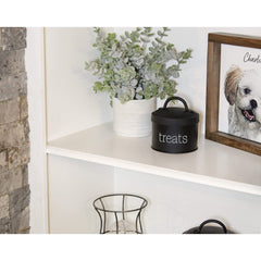 AuldHome Design enamel cat treat container black top view highlights lid design and gasket.