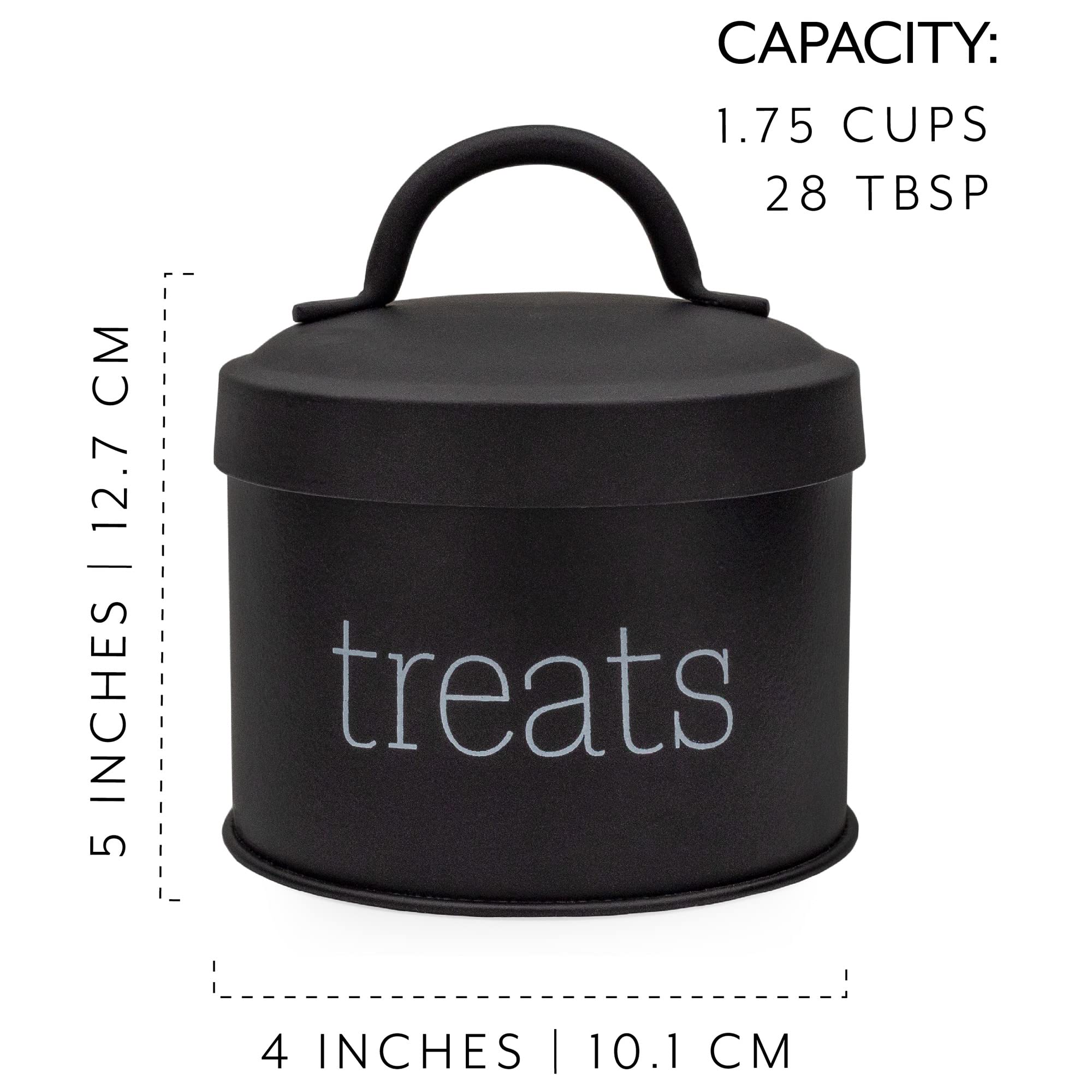 AuldHome Design enamel cat treat container black with-other-accessories pairs perfectly in a coordinated shelf.