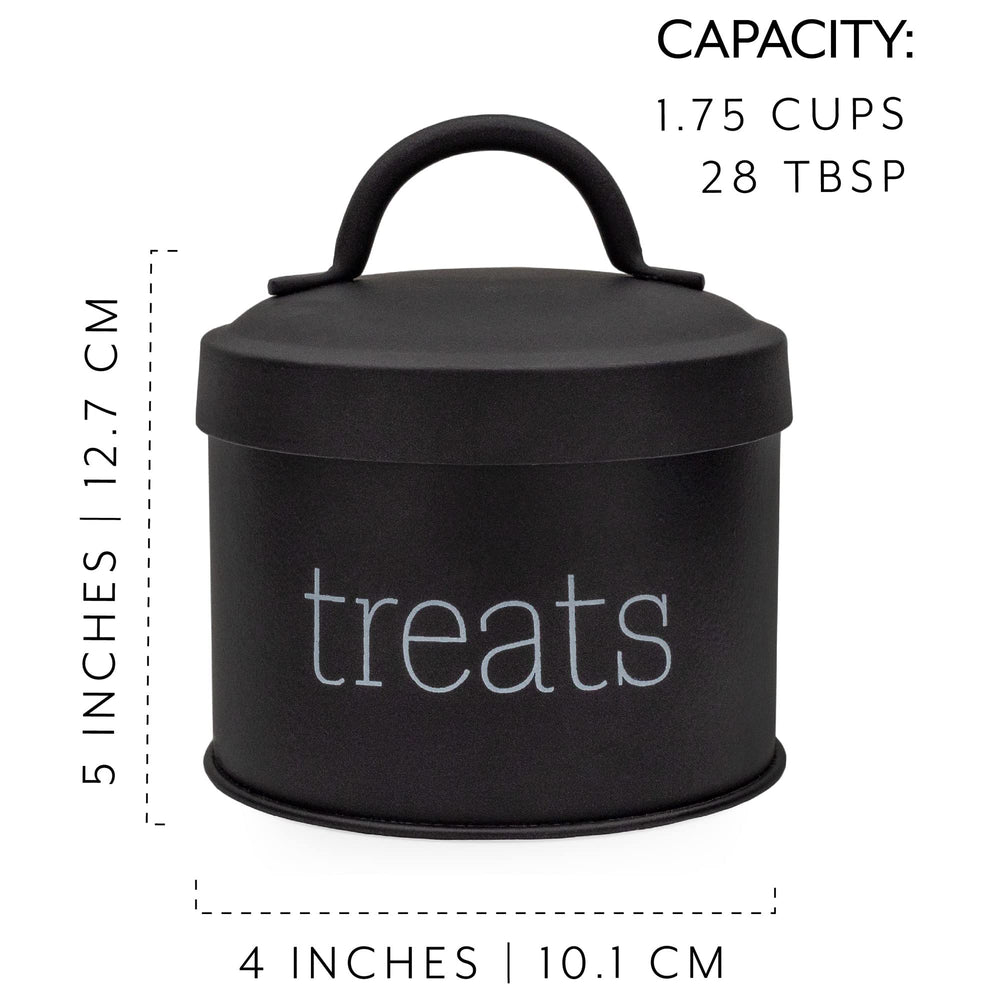 AuldHome Design enamel cat treat container black with-other-accessories pairs perfectly in a coordinated shelf.