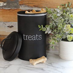 AuldHome Design enamelware dog treat jar lid-off view showing treats.