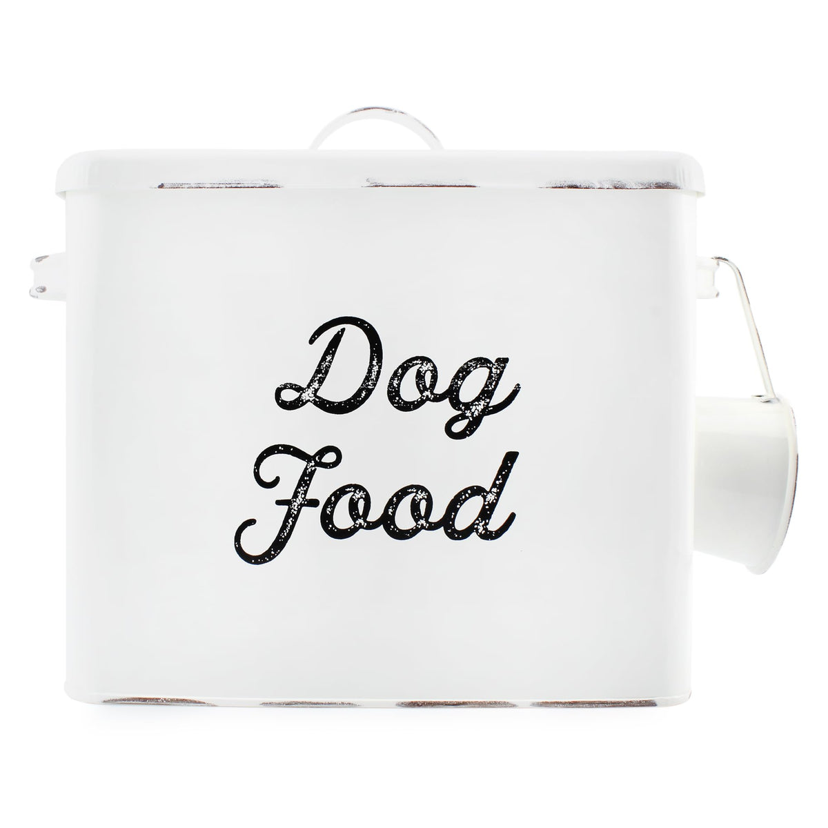 AuldHome Design rustic dog food canister front view with vintage white enamel for tidy countertops.