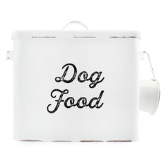 AuldHome Design rustic dog food canister front view with vintage white enamel for tidy countertops.