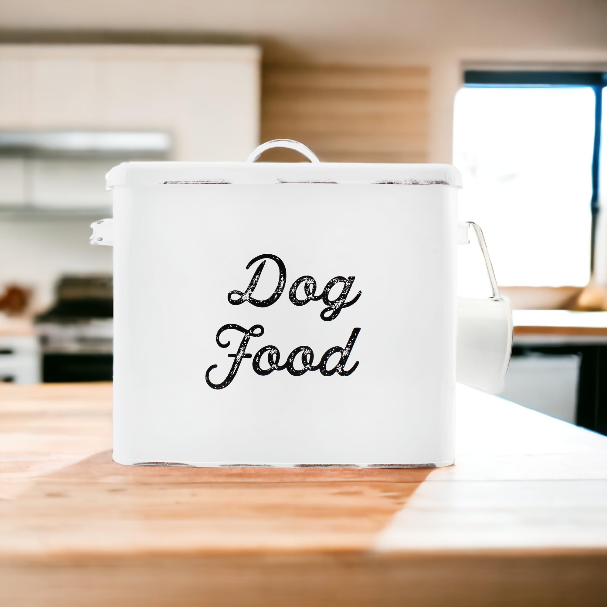 AuldHome Design white enamelware distressed finish highlights timeless farmhouse style for kitchens.