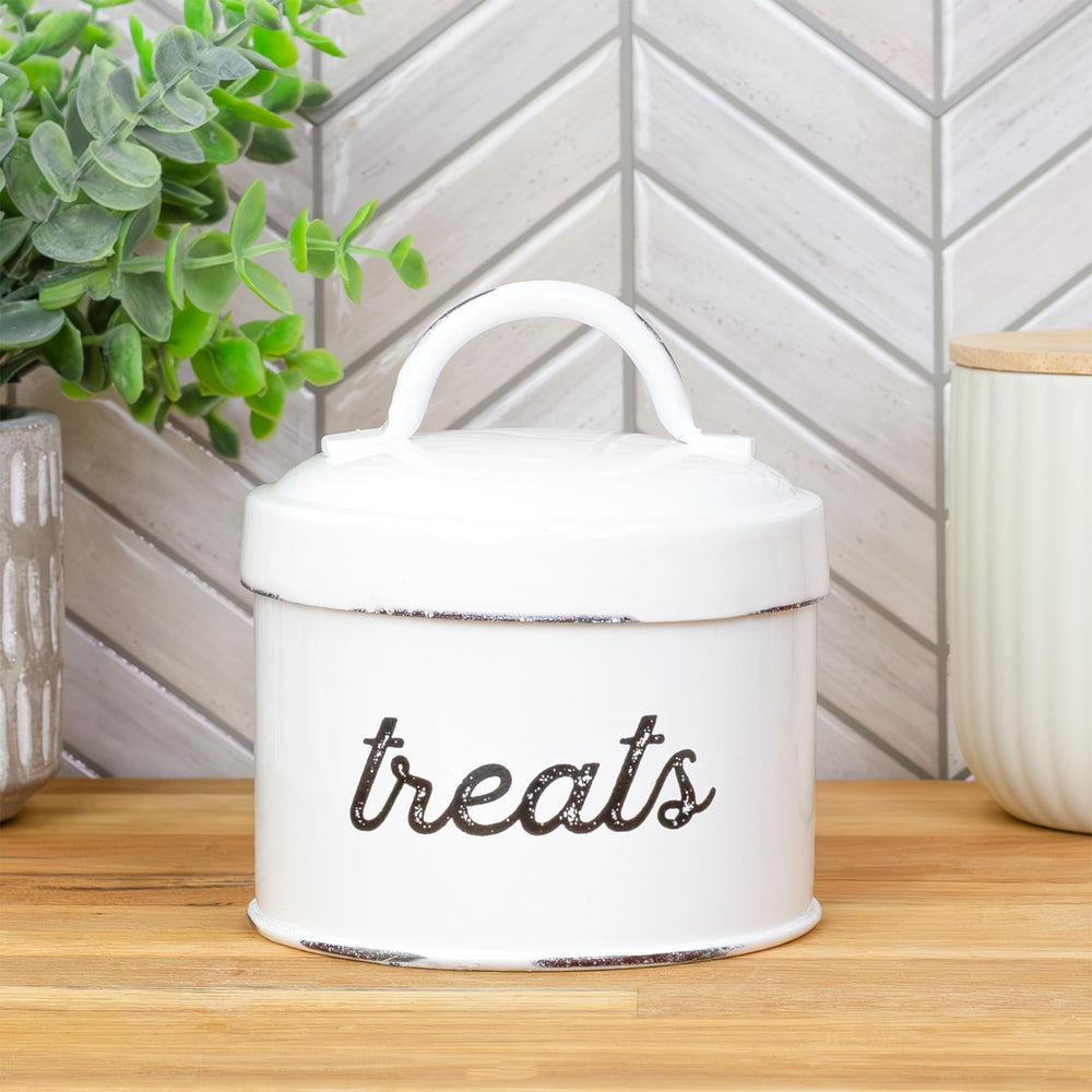 AuldHome Enamelware cat-treat-container-lid-open shows easy-access and quick serving.