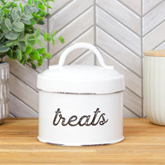 AuldHome Enamelware cat-treat-container-lid-open shows easy-access and quick serving.