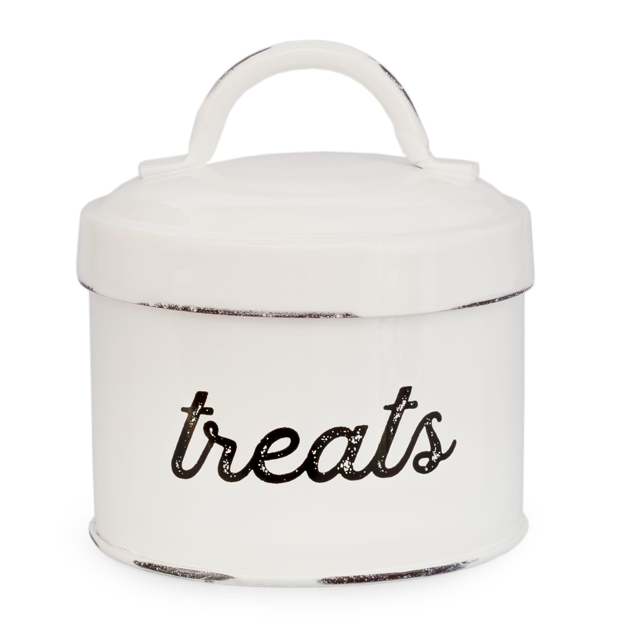 AuldHome Enamelware cat-treat-container small white 3x4 inches; compact storage keeps treats fresh.