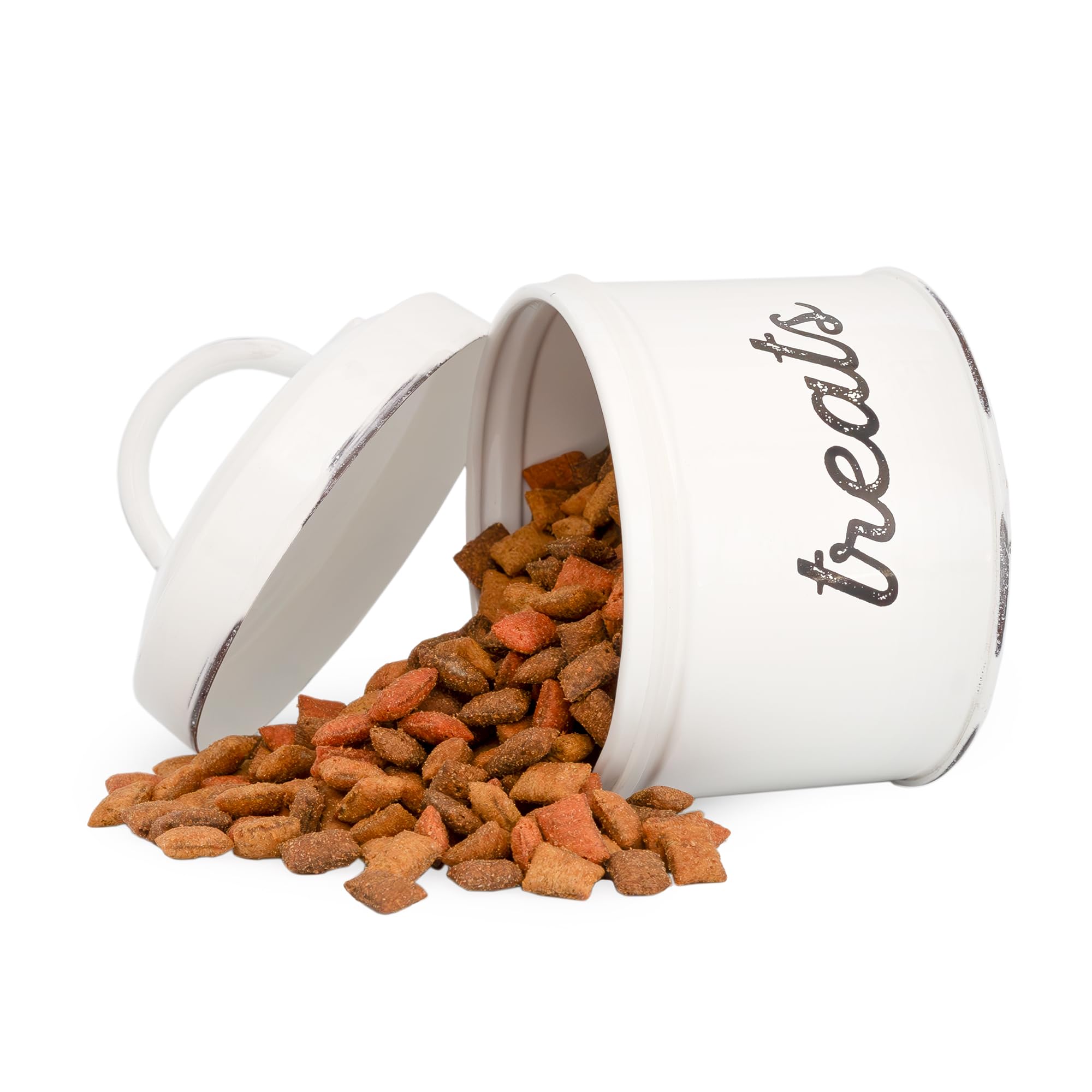 AuldHome Enamelware-treat-container-kitchen-shelf-flat-lay illustrates farmhouse-style storage.