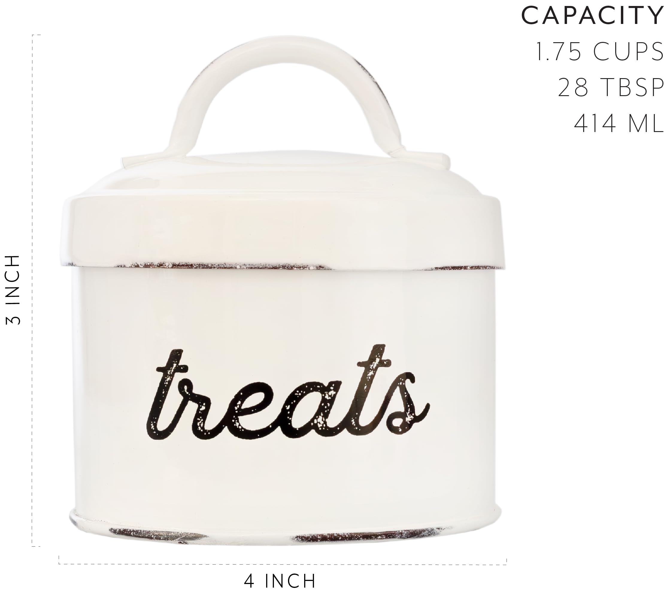 AuldHome Enamelware-treat-container-white-with-black-print includes ceramic-coated interior for easy cleaning.