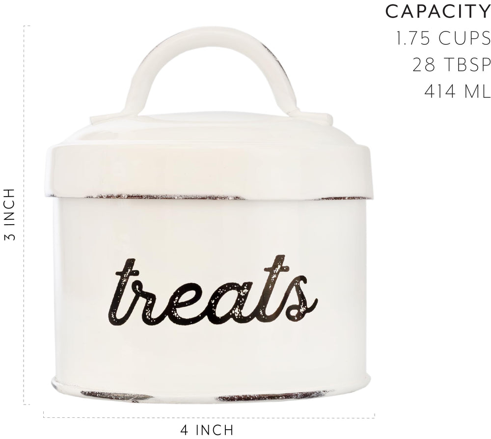 AuldHome Enamelware-treat-container-white-with-black-print includes ceramic-coated interior for easy cleaning.