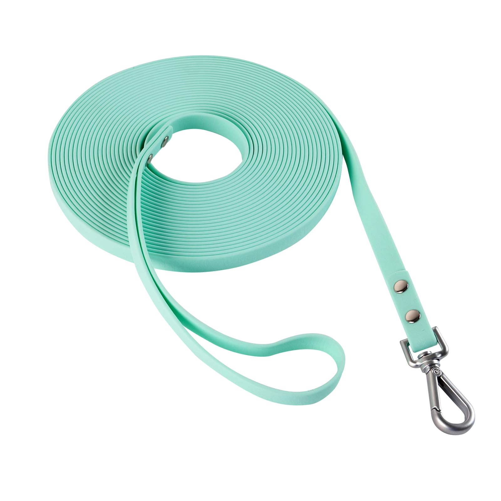 AUMAILI dog training long leash mint green 10ft ready for recall in wet conditions.