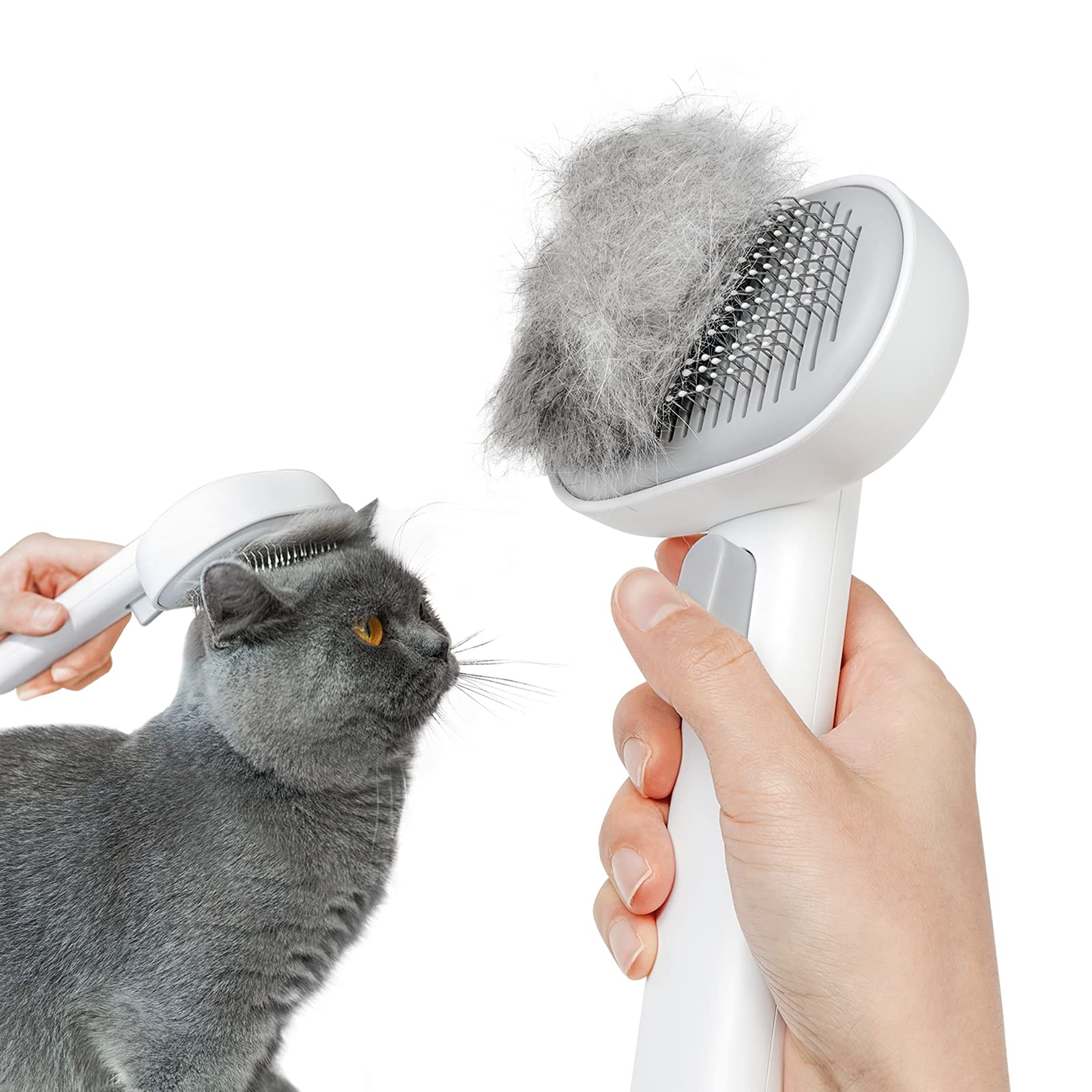 Aumuca cepillo para gatos en mano, diseño ergonómico para uso diario.
