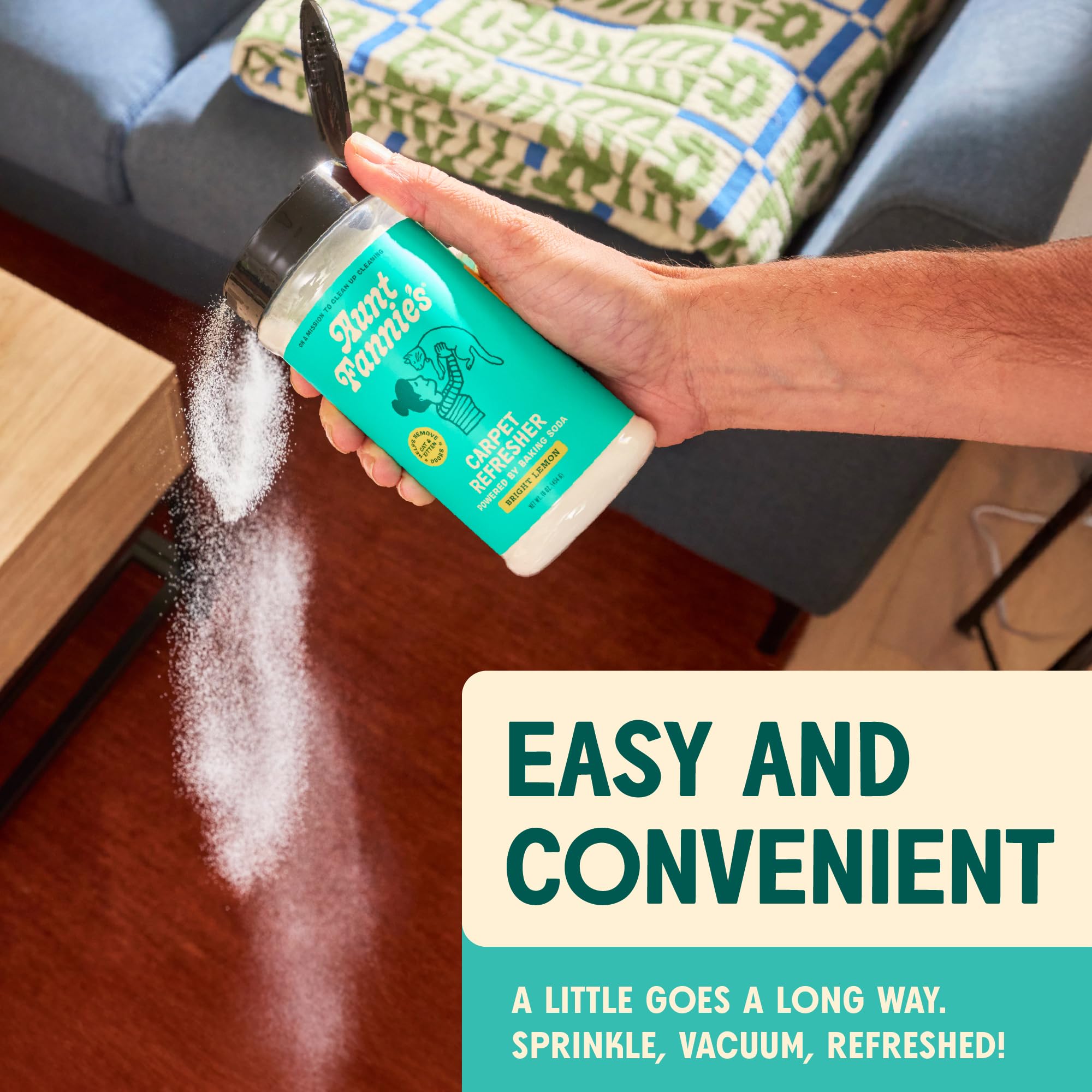 Aunt Fannie's Cat Carpet Refresher 16-ounce container shown for easy room refreshment.
