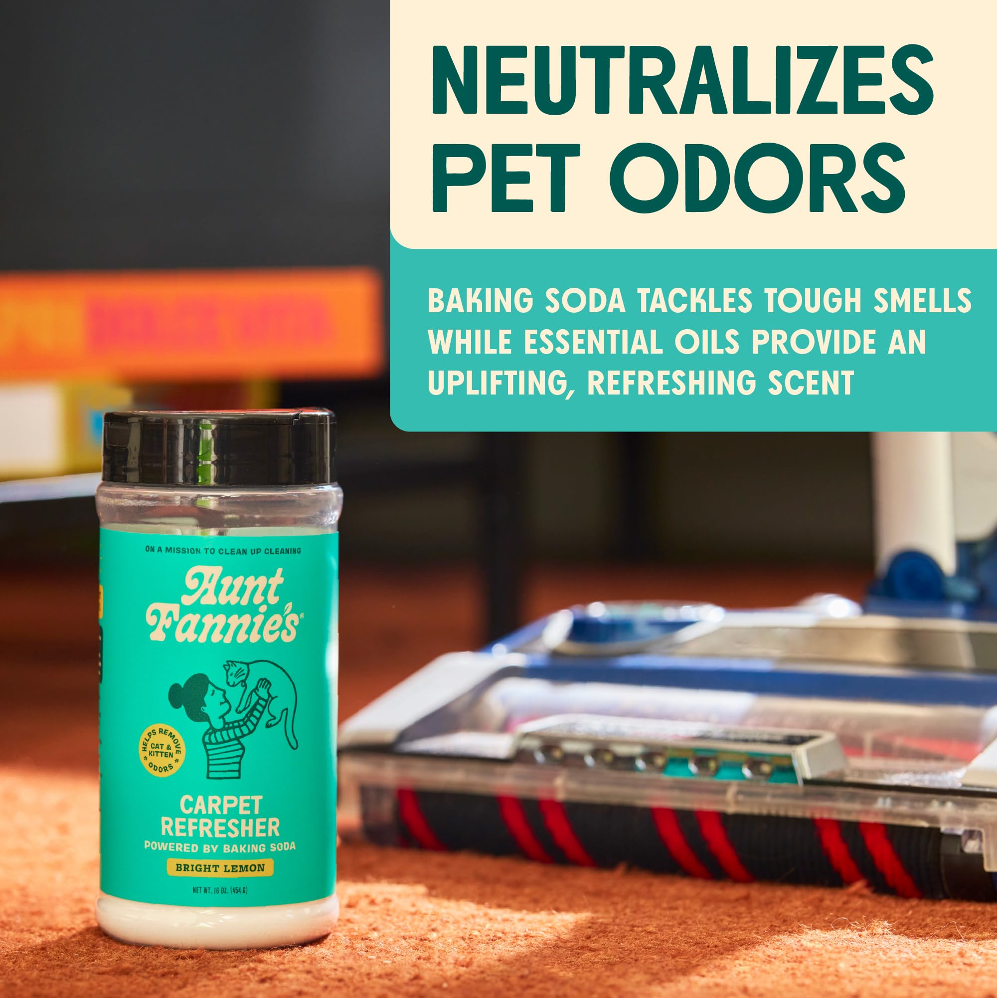 Aunt Fannie's Cat Carpet Refresher bottle with shaker ready for fast, pet-friendly use.