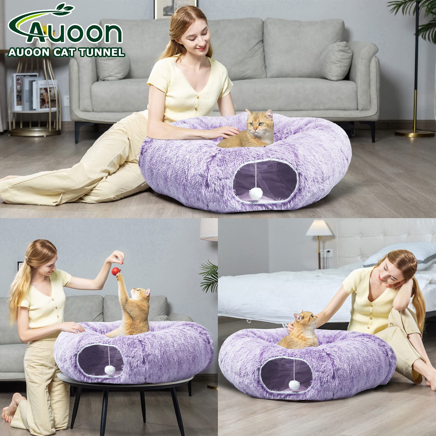 AUOON cat tunnel bed circle peekaboo cave offers a restful post-play retreat