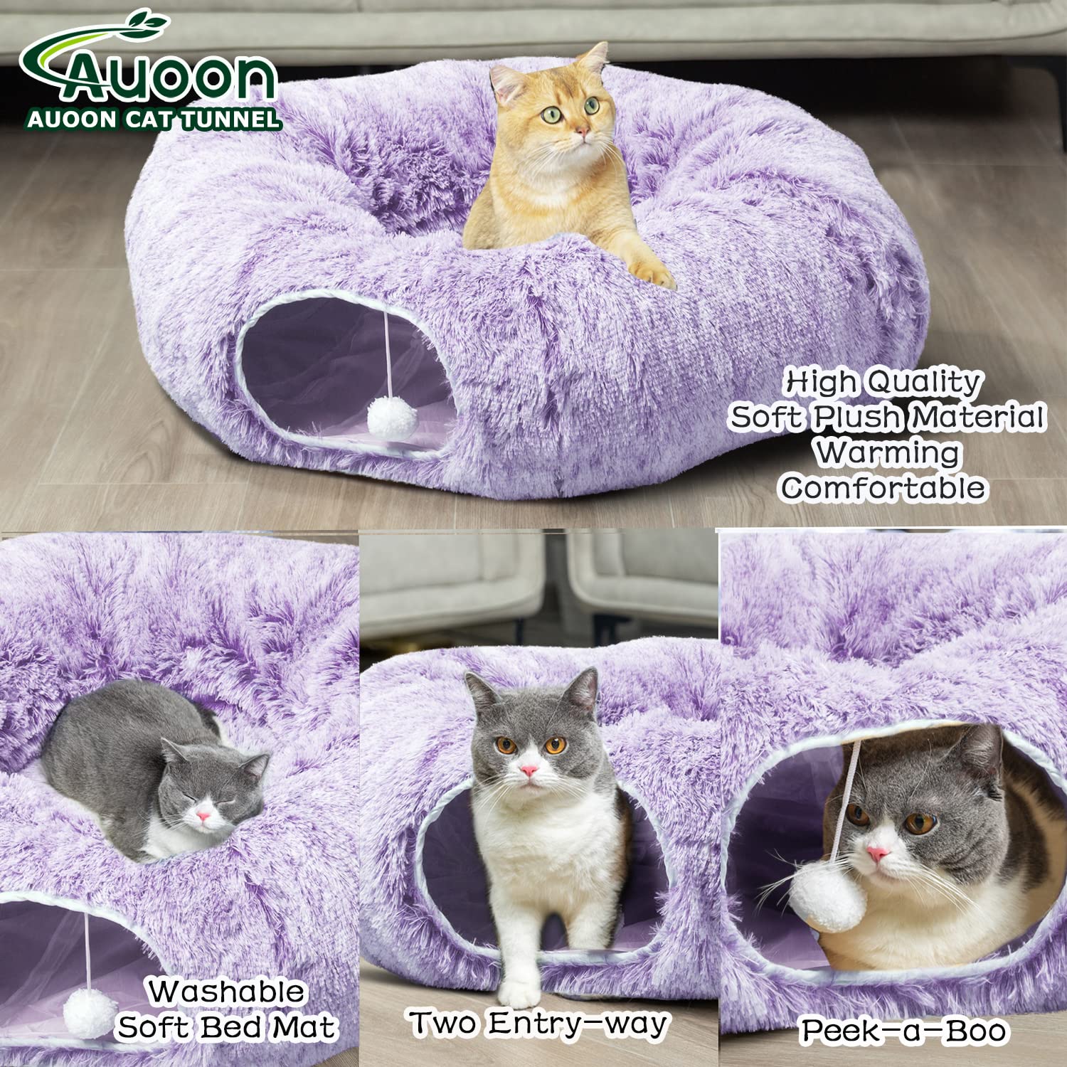 AUOON cat tunnel bed with hanging ball encourages batting and swatting