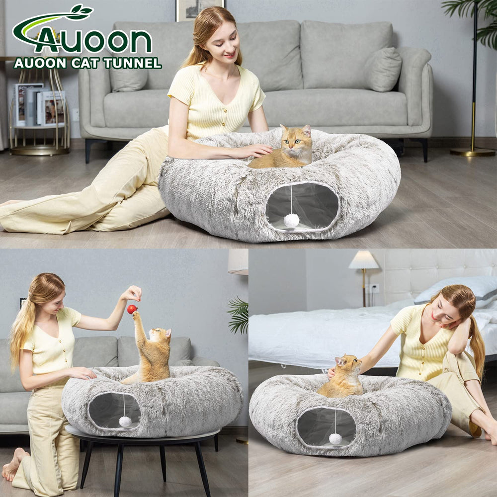 AUOON Cat Tunnel Bed two-in-one combo demonstrates resting after play