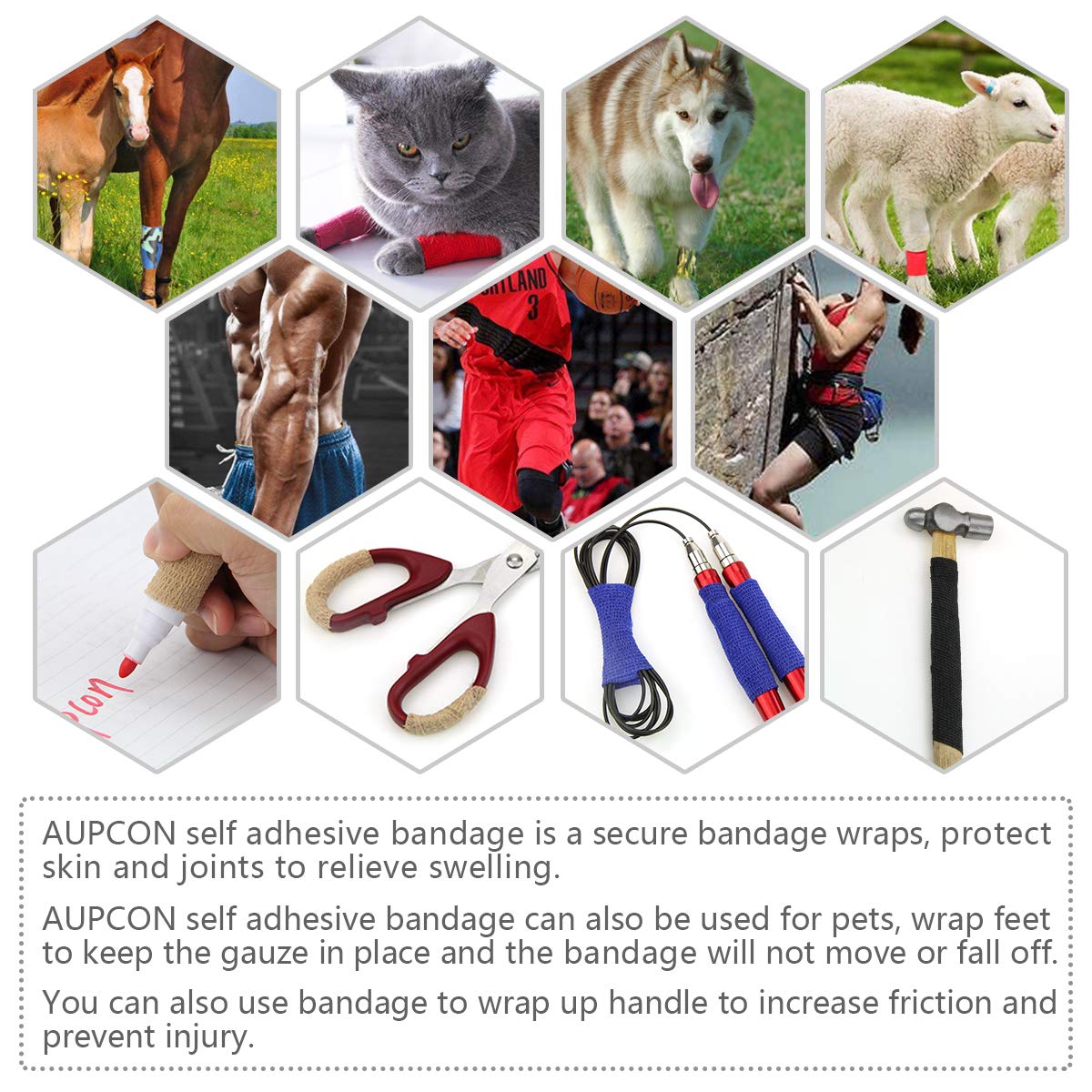 Aupcon Vet Wrap's elastic stretch shows adjustable compression for swelling control.