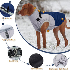AuraPaw windproof snow jacket back view highlights built-in harness and dual D-rings for secure leash.